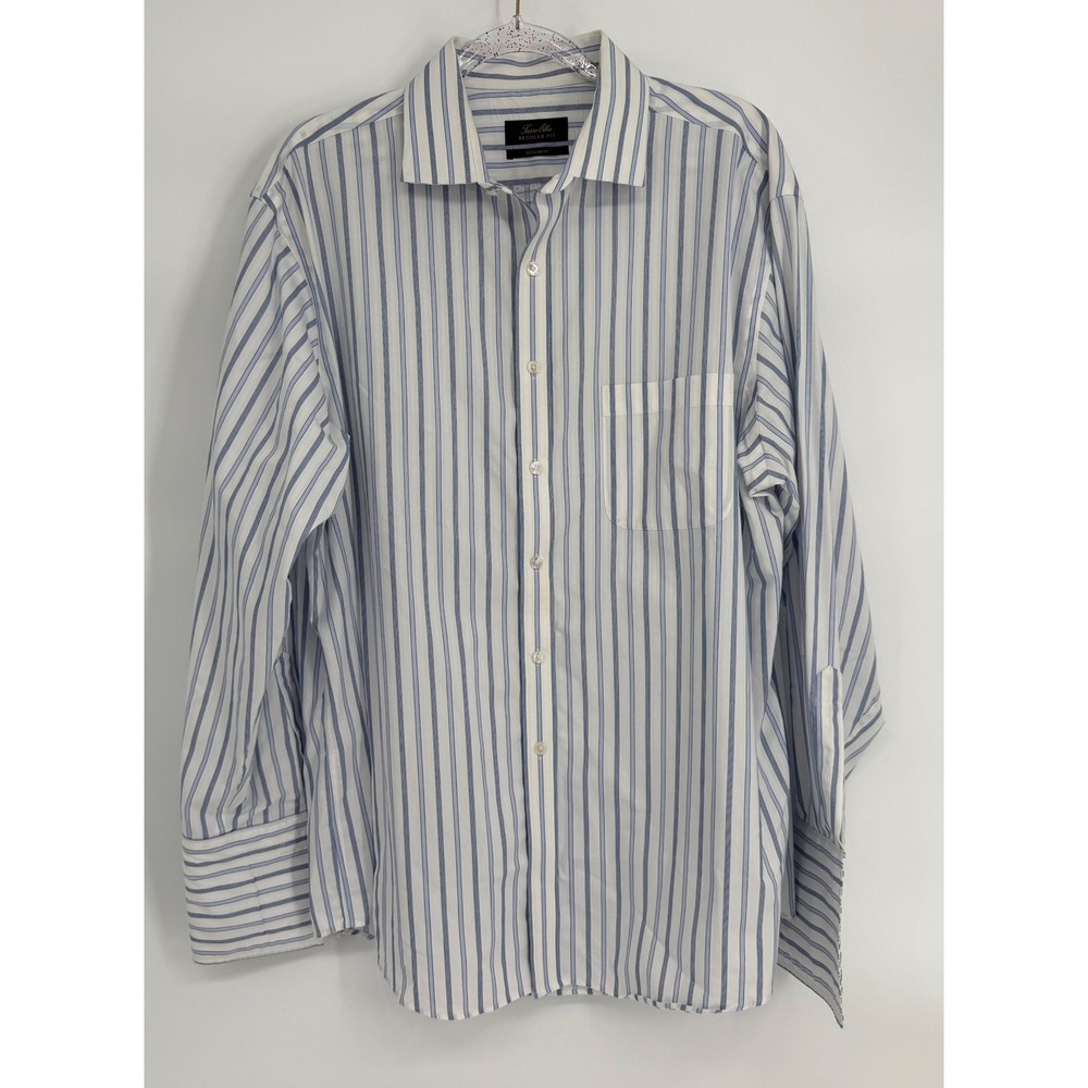 Tasso Elba Mens Regular Fit Non-Ironâ Blue White Striped Button Down Shirt Sz 17